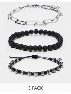 festival 3 pack chain and cord bracelet set in black and silver tone