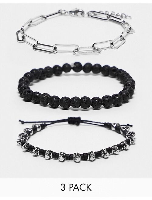 ASOS DESIGN festival 3 pack chain and cord bracelet set in black and silver tone