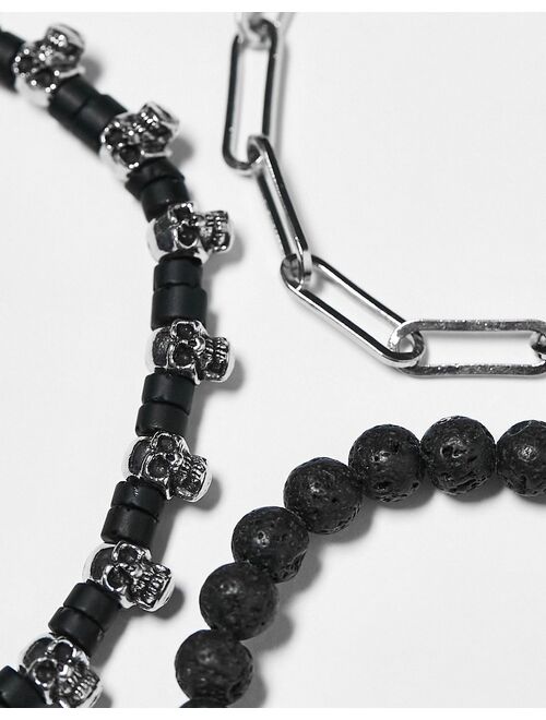ASOS DESIGN festival 3 pack chain and cord bracelet set in black and silver tone