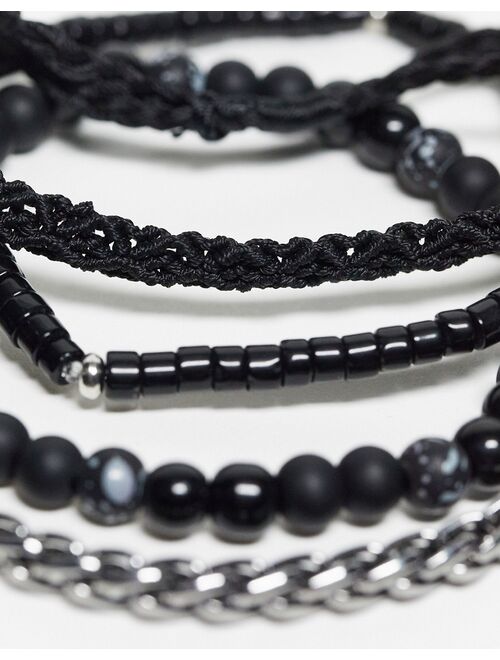 ASOS DESIGN festival 4 pack bracelet set in chain bead and cord mix in black