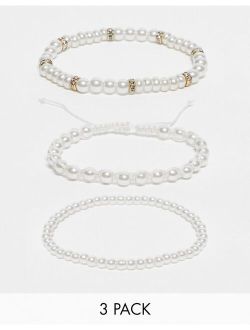 festival 3 pack faux pearl beaded bracelet set with gold tone beads