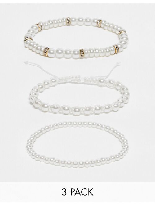 ASOS DESIGN festival 3 pack faux pearl beaded bracelet set with gold tone beads