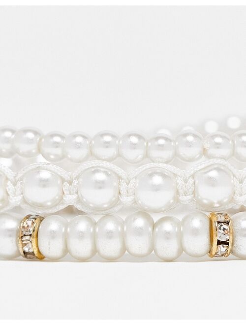 ASOS DESIGN festival 3 pack faux pearl beaded bracelet set with gold tone beads