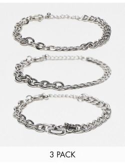 3 pack waterproof stainless steel mixed chain bracelet set in burnished silver tone
