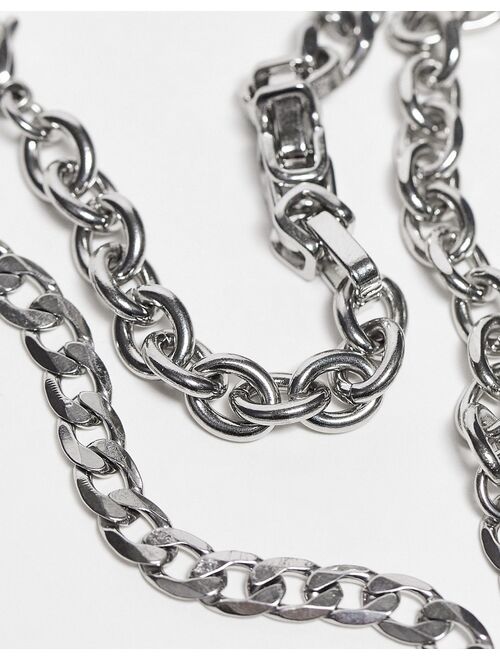 ASOS DESIGN 3 pack waterproof stainless steel mixed chain bracelet set in burnished silver tone