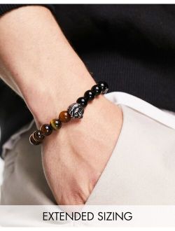 festival beaded bracelet with lion stainless steel bead in black and tigers eye