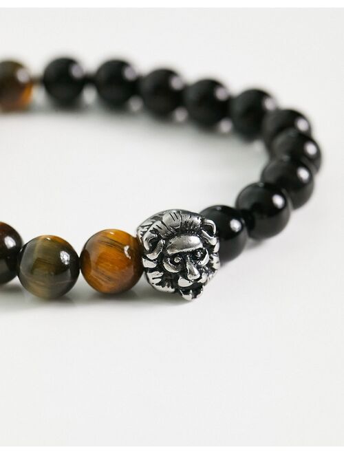 ASOS DESIGN festival beaded bracelet with lion stainless steel bead in black and tigers eye