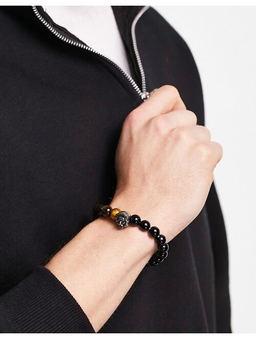 ASOS DESIGN festival beaded bracelet with lion stainless steel bead in black and tigers eye
