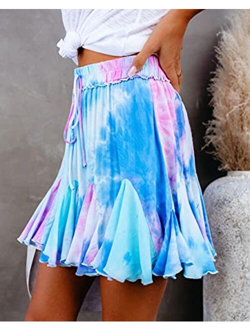 Metietila Women's High Waist Floral Print Ruffle Mini Skirt Pleated Short Skater Skirts with Drawstring