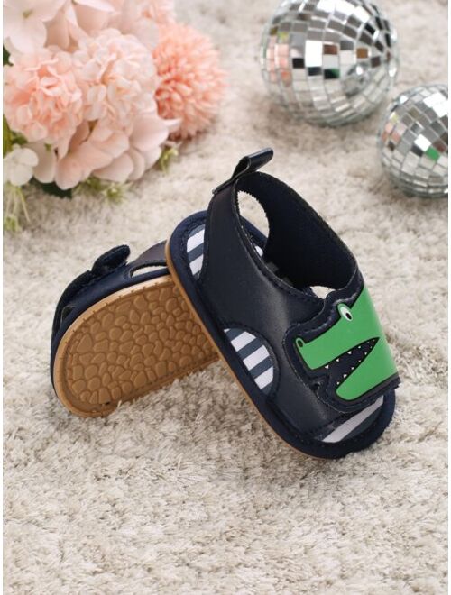 SeaGentryYue Shoes Baby Cartoon Crocodile Pattern Hook-and-loop Fastener Sandals, Preppy Black Flat Sandals