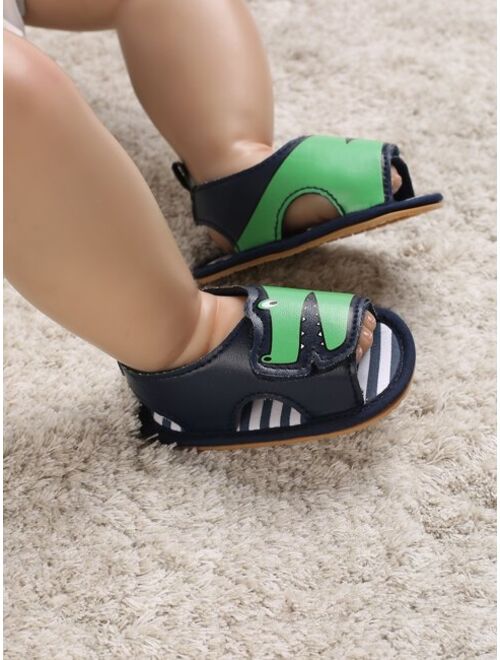 SeaGentryYue Shoes Baby Cartoon Crocodile Pattern Hook-and-loop Fastener Sandals, Preppy Black Flat Sandals