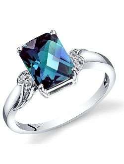Created Alexandrite and Genuine Diamond Classic Ring for Women 14K White Gold, Color Changing 2.50 Carats Radiant Cut 9x7mm, Size 7