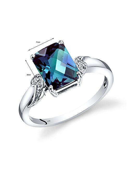 Peora Created Alexandrite and Genuine Diamond Classic Ring for Women 14K White Gold, Color Changing 2.50 Carats Radiant Cut 9x7mm, Size 7