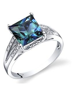 Created Alexandrite and Genuine Diamond Ring for Women 14K White Gold, Cathedral Design, Color Changing 3 Carats Princess Cut 8mm, Size 7