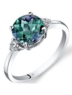 Created Alexandrite and Genuine Diamond Ring for Women 14K White Gold, 2.25 Carats Round Shape 8mm, Size 7
