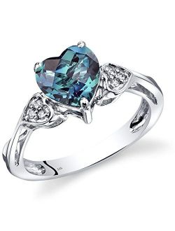 Created Alexandrite and Genuine Diamond Sweetheart Ring for Women 14K White Gold, Color Changing 2.25 Carats Heart Shape 8mm, Size 7