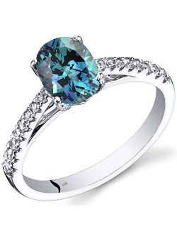 Created Alexandrite and Genuine White Topaz Ring for Women 14K White Gold, 1.50 Carats Oval Shape 8x6mm, Size 7