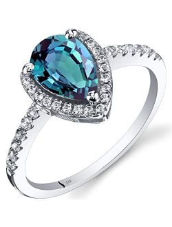 Created Alexandrite Teardrop Halo Ring for Women 14K White Gold with Genuine White Topaz, Color Changing 1.50 Carats Pear Shape 9x6mm, Sizes 5 to 9