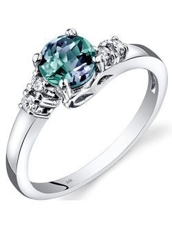 Created Alexandrite Solstice Ring for Women 14K White Gold with Genuine Diamonds, Color Changing 1 Carat Round Shape 6mm, Comfort Fit, Sizes 5 to 9