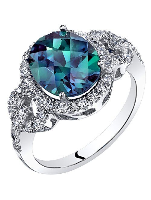 Peora Created Alexandrite Ring for Women 14K White Gold, Color Changing Large 3.25 Carats Oval Shape 10x8mm, Comfort Fit, Sizes 5 to 9