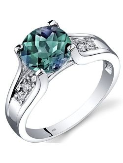 Created Alexandrite and Genuine Diamond Cathedral Ring for Women in 14K White Gold, Color Changing 2.25 Carats Round Shape 8mm, Comfort Fit, Sizes 5 to 9