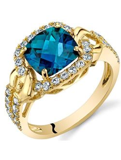 Created Alexandrite Ring for Women 14K Yellow Gold with Genuine White Topaz, Color Changing 2.50 Carats Cushion Cut 8mm, Sizes 5 to 9