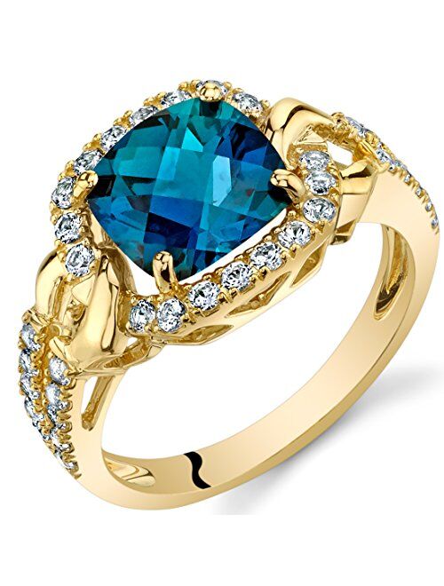 Peora Created Alexandrite Ring for Women 14K Yellow Gold with Genuine White Topaz, Color Changing 2.50 Carats Cushion Cut 8mm, Sizes 5 to 9