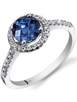 Created Alexandrite with Genuine White Topaz Ring for Women 14K White Gold, Halo Solitaire, Color-Changing Round Shape 6.50mm, Sizes 5 to 9
