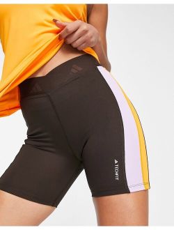 performance adidas Training Techfit color block high rise legging shorts in brown, orange and purple