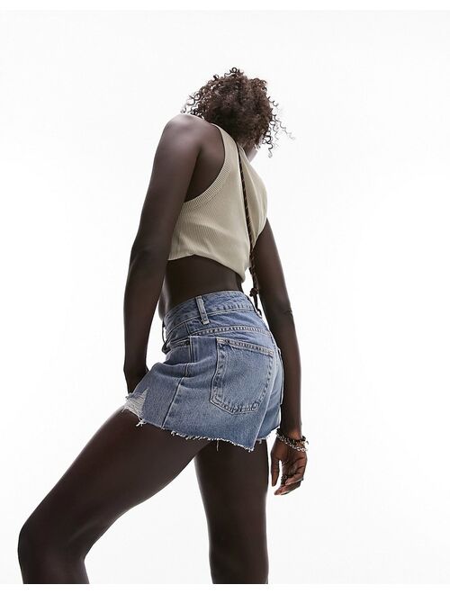 Topshop Petite denim a-line mom shorts with rip in mid blue