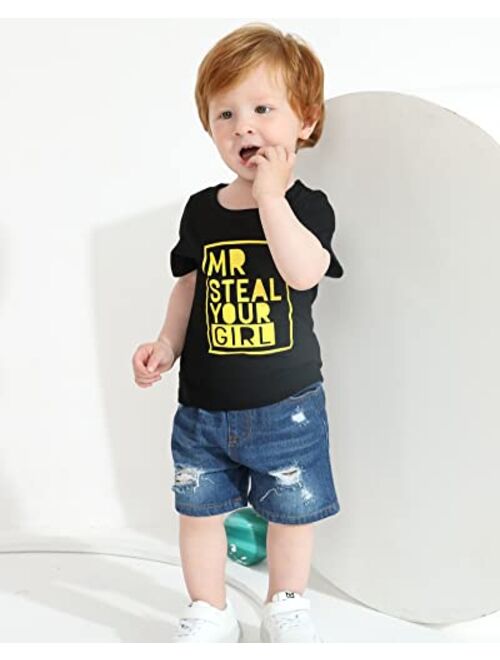 Kucnuzki Baby Toddler Boy Clothes Short Sleeve T Shirt Top Ripped Jeans Shorts 2 Piece Outfits Little Boy Clothes Summer