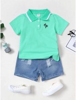 Toddler Boys Palm Tree Embroidery Polo Shirt & Ripped Denim Shorts
