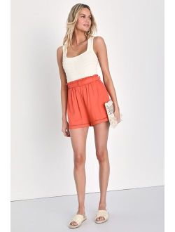 Delightfully Sunny Coral Pink Belted Linen Shorts