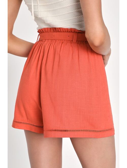 Lulus Delightfully Sunny Coral Pink Belted Linen Shorts