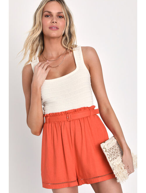 Lulus Delightfully Sunny Coral Pink Belted Linen Shorts