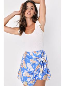 Headed to Paradise Blue Abstract Print Tie-Front Skort