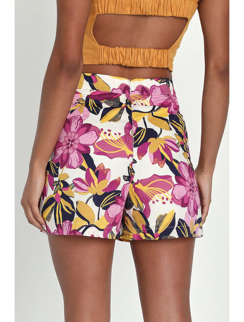 Lulus Midtown Mindset Ivory and Purple Floral Print Side-Tie Skort
