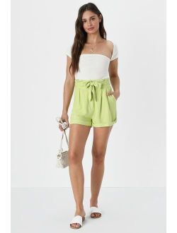 Breezy Adventures Lime Green Linen Belted Paperbag Waist Shorts