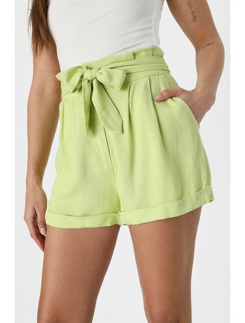 Lulus Breezy Adventures Lime Green Linen Belted Paperbag Waist Shorts