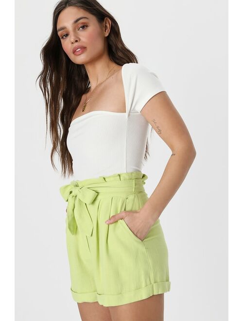 Lulus Breezy Adventures Lime Green Linen Belted Paperbag Waist Shorts