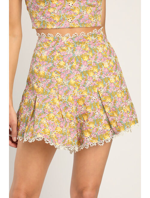 Lulus Sweeter than Ever Yellow Floral Eyelet Lace High-Waisted Shorts