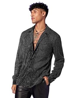 WDIRARA Men's Sheer Mesh See Through Glitter Button Front Long Sleeve Shirt Tops