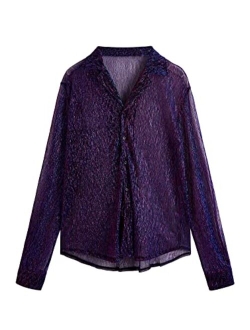 Men's Sheer Mesh See Through Glitter Button Front Long Sleeve Shirt Tops