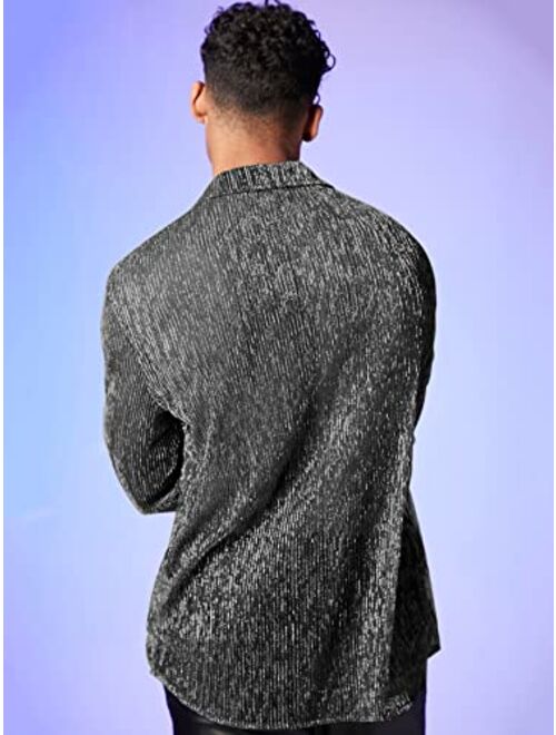 WDIRARA Men's Sheer Mesh See Through Glitter Button Front Long Sleeve Shirt Tops