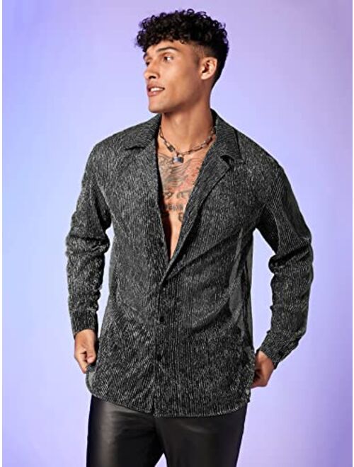 WDIRARA Men's Sheer Mesh See Through Glitter Button Front Long Sleeve Shirt Tops