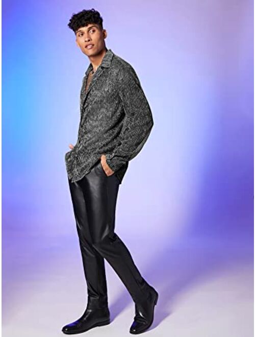 WDIRARA Men's Sheer Mesh See Through Glitter Button Front Long Sleeve Shirt Tops