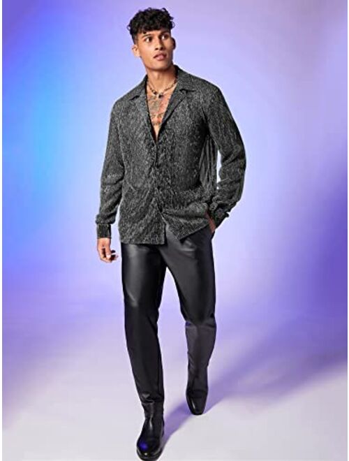 WDIRARA Men's Sheer Mesh See Through Glitter Button Front Long Sleeve Shirt Tops