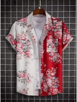 Men Two Tone Floral Print Patched Pocket Shirt
