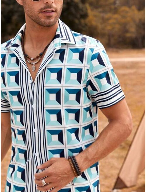Men Geo Print Striped Trim Shirt