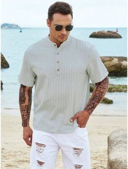 Extended Sizes Men Striped Print Half Button Shirt